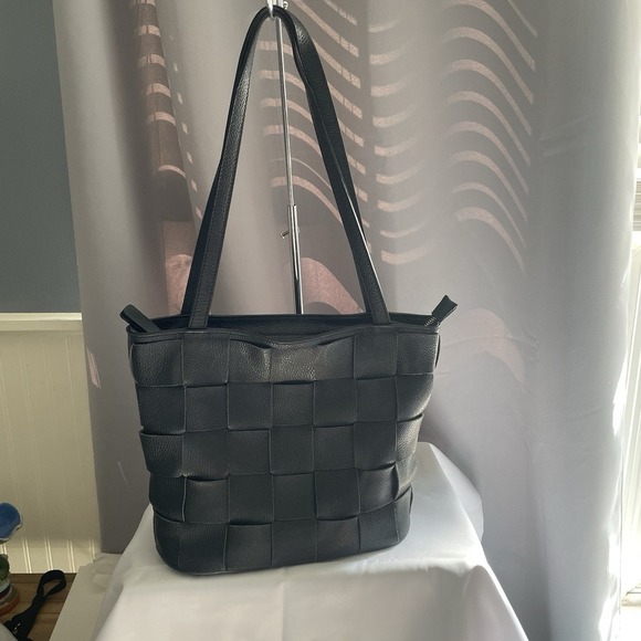 Jijou Capri Black Woven Tote Bag Purse Handbag Leather Made In Italy - Picture 1 of 11
